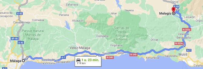 route Malaga naar Melegis